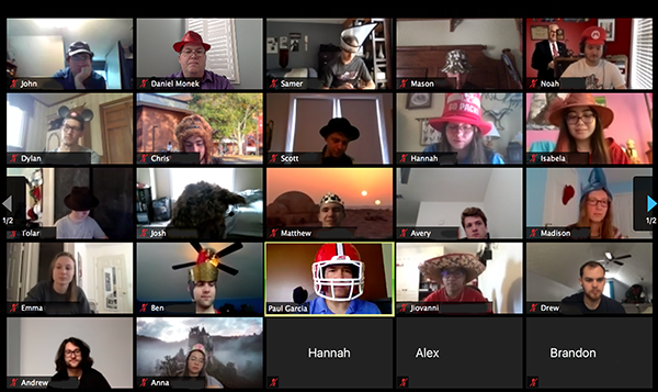 Screen shot of the wind ensemble meeting on Zoom for "silly hat day" in the spring.