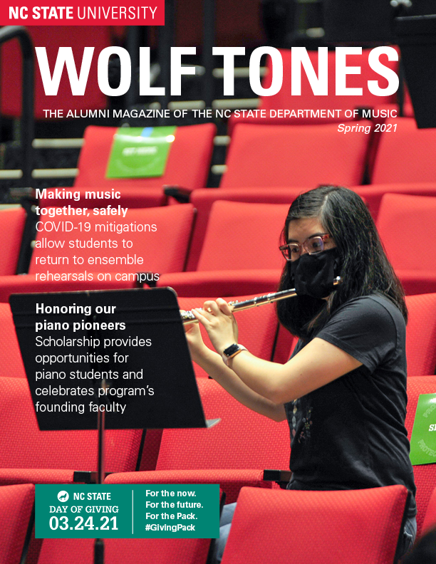 The cover of the Spring 2021 issue of Wolf Tones magazine, featuring a photo of a student playing the flute wearing an instrumental face covering.