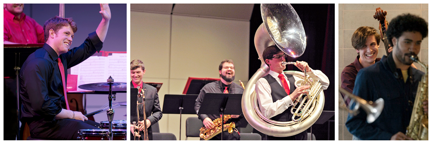 Photo collage featuring pictures of students in the jazz ensembles.
