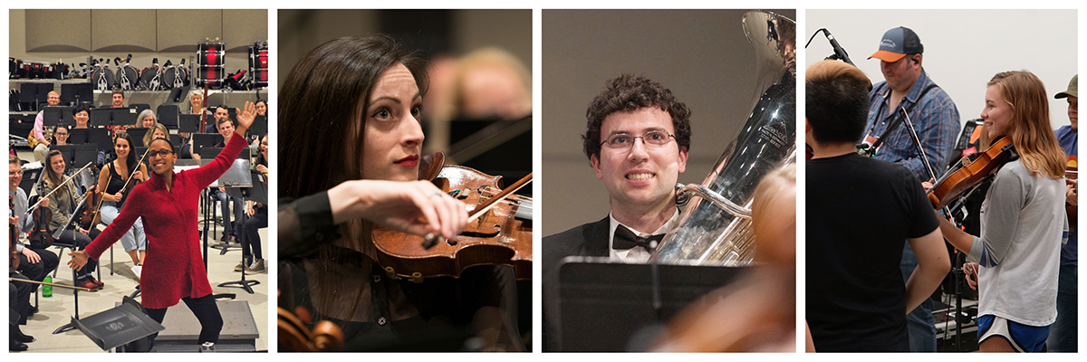 Photo collage of student and community musicians in the orchestras.