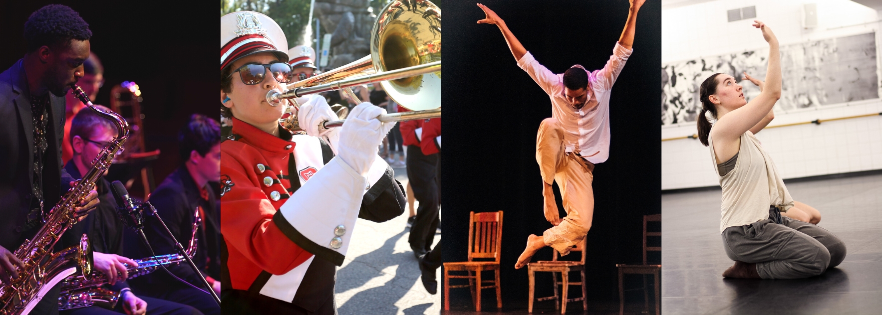 Collage featuring a saxophone player, a marching band performer, a dancer jumping on stage, and a dancer rehearsing in a studio