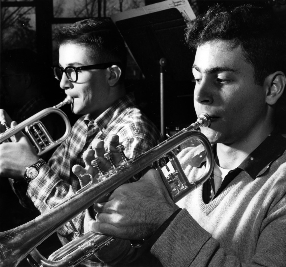 Trumpet section practicing music, circa 1958