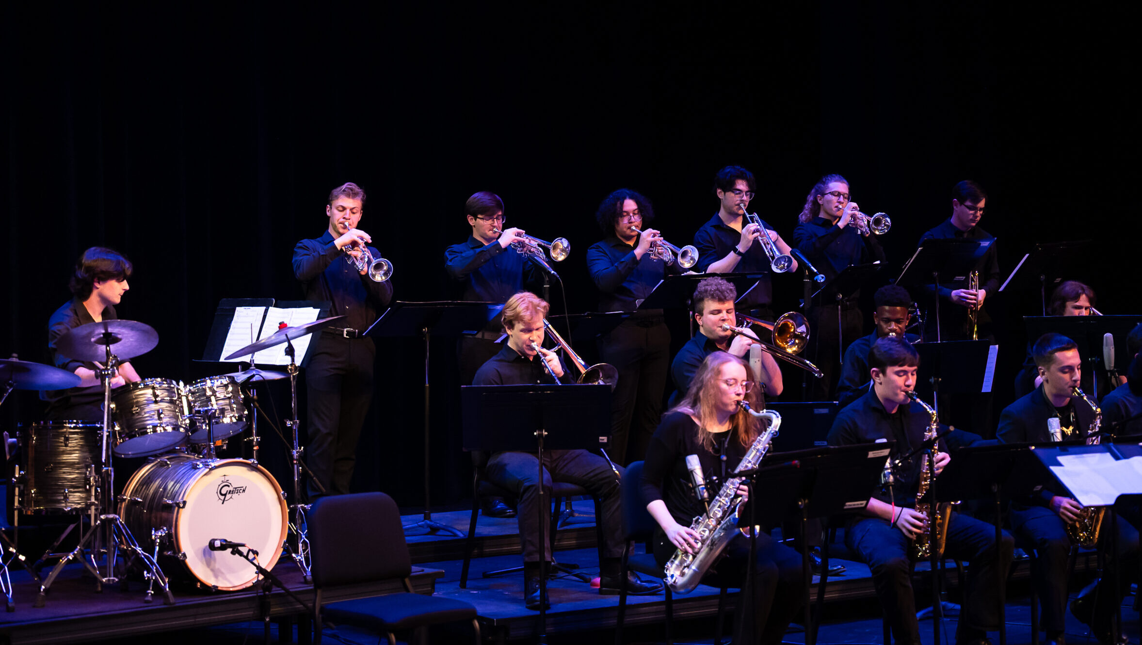 Photo collage featuring pictures of students in the jazz ensembles.